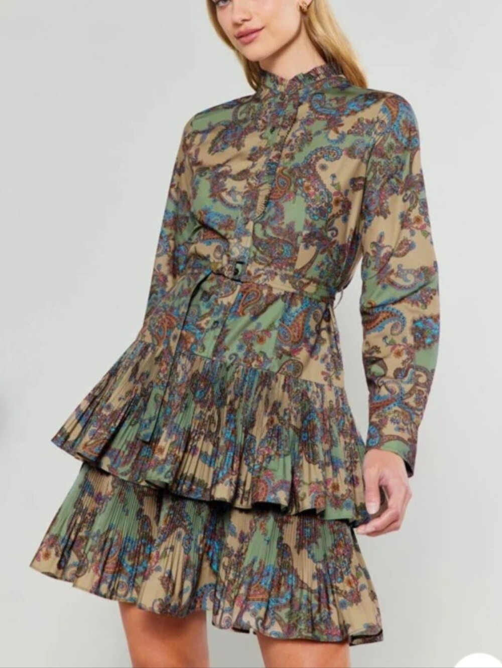 Current Air Anthropologie paisley Mini Dress Collard Neck Long Sleeve size Small
